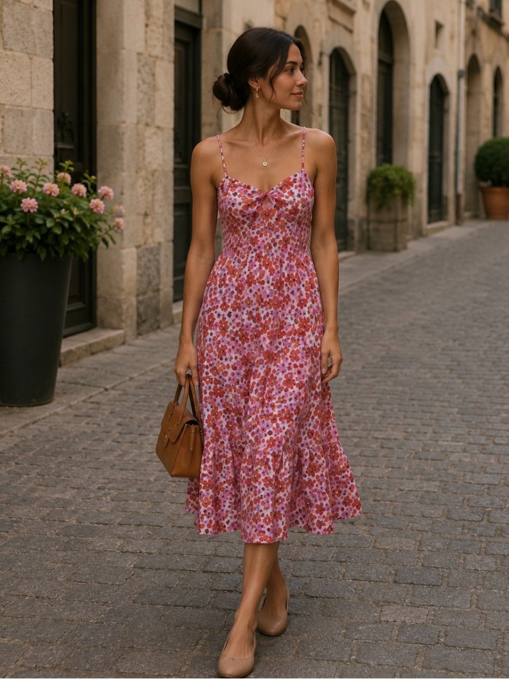 Yumi Kim Ingrid Smocked Tiered Floral Midi Dress Pink Red Cotton Large